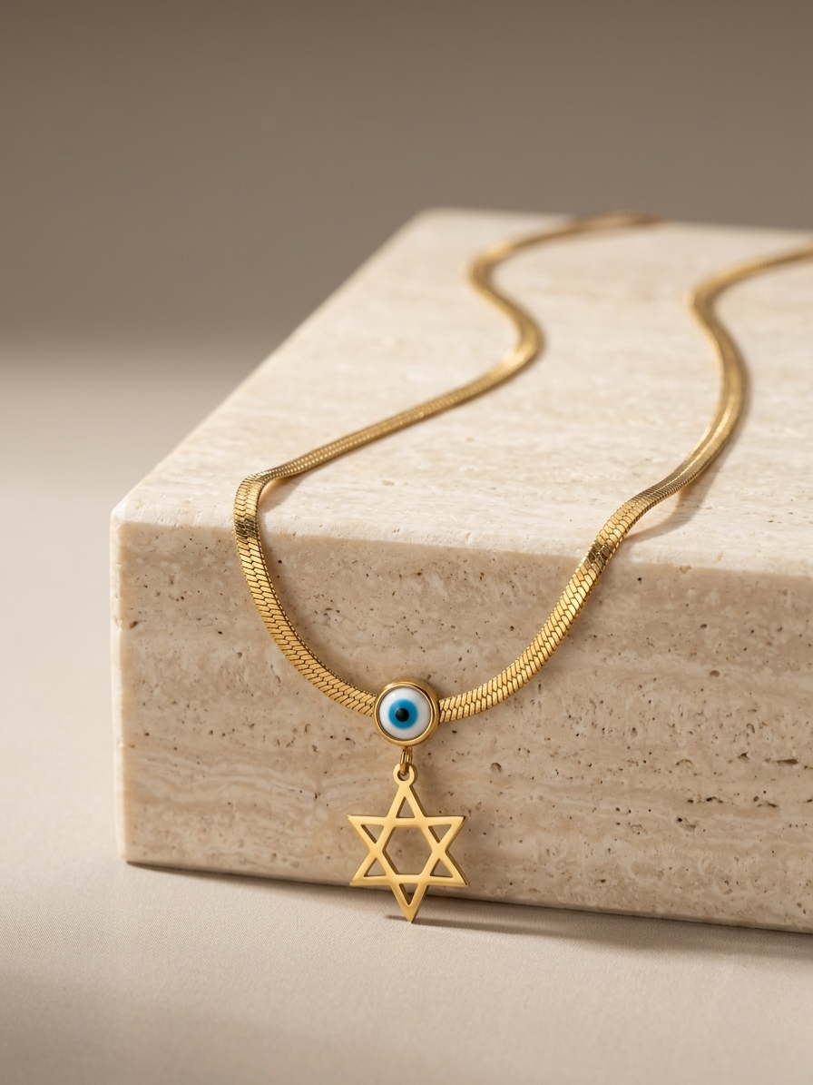 Premium Stainless Steel Herringbone Chain with Evil Eye & Star Pendant
