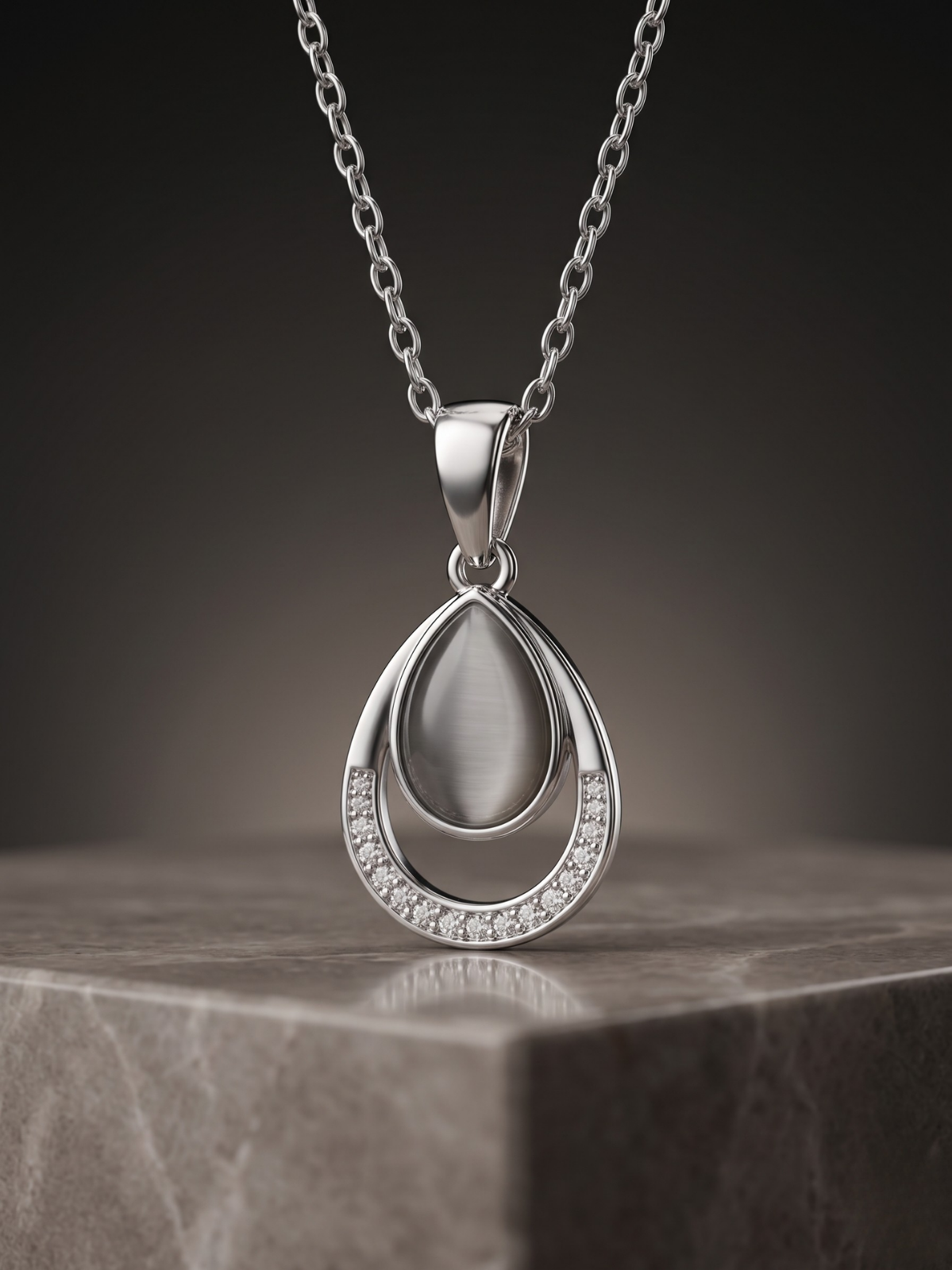 Classic Silver Teardrop Pendant Necklace with Grey Cabochon Stone