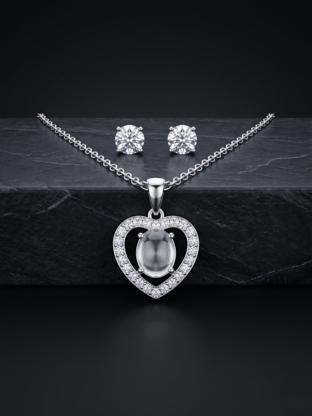 Silver Crystal Heart Pendant & Earrings Set with Grey Centerpiece