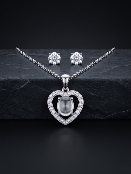 Silver Crystal Heart Pendant & Earrings Set with Grey Centerpiece