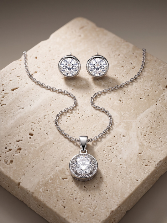 Radiant Crystal Halo Pendant Necklace & Stud Earrings Set