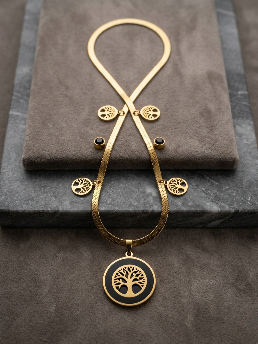 Vintage Gold Herringbone Chain with Tree of Life Charms &amp; Pendant